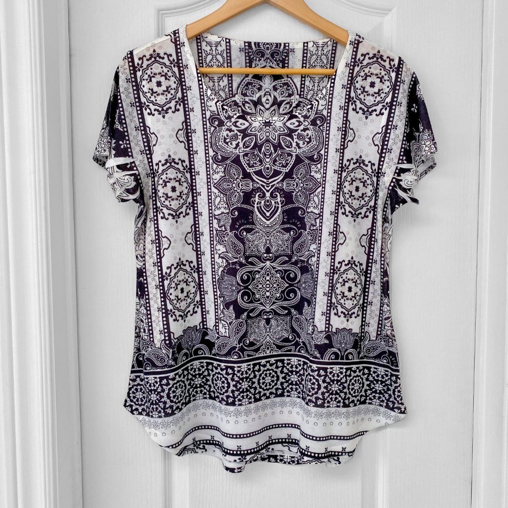 Style & Co Black White Damask Boho Print Top Women's L